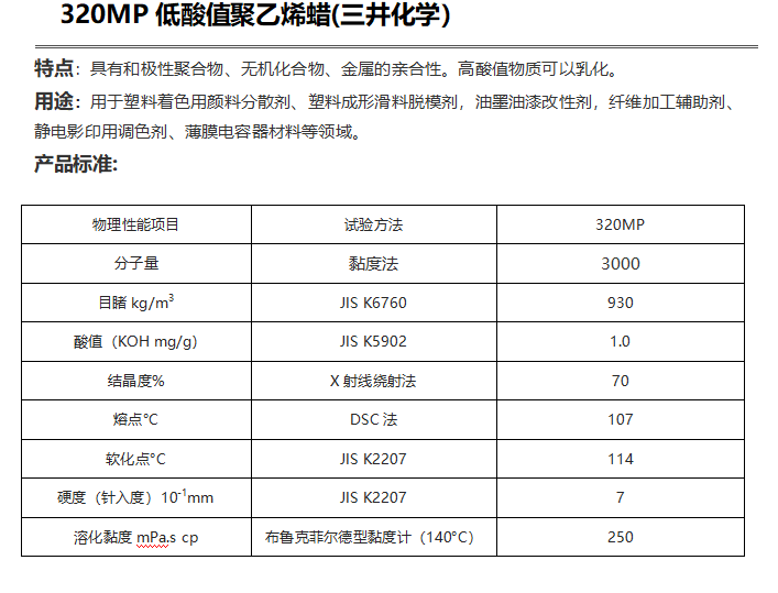 三井HI-WAX 320MP低酸值聚乙烯蠟( PE蠟320MP )